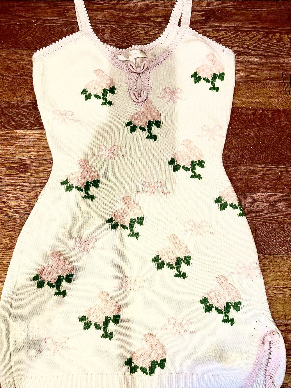 LoveShackFancy Cream Knit Floral Cami with Pink Trim